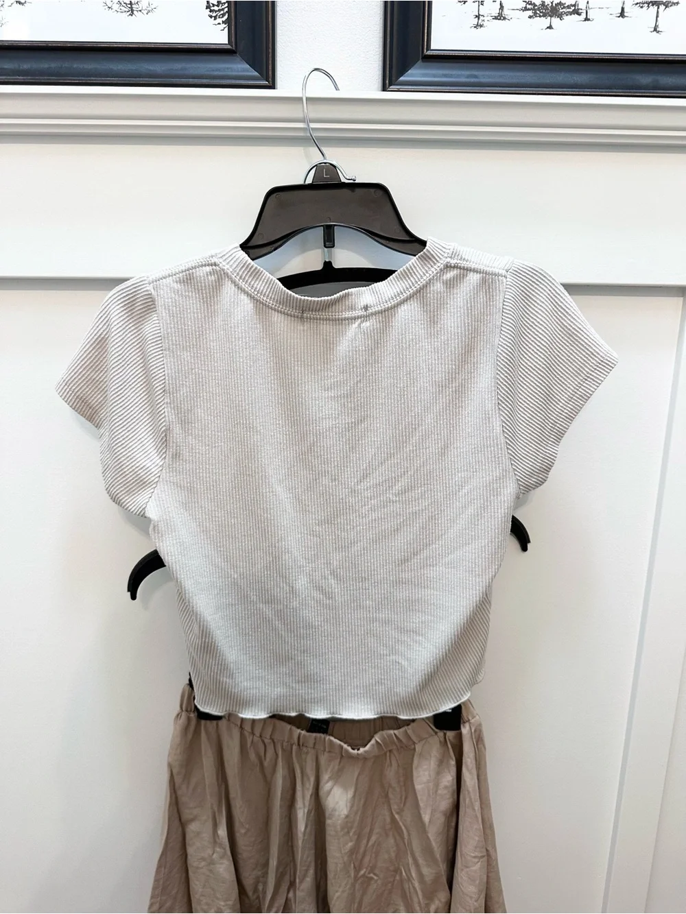 Neutral Ribbed Top & Drawstring Shorts Skort Outfit set Khaki Beige Tan Mediium